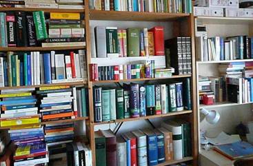 scaffali con dizionari e libri vari